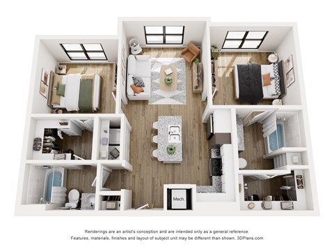 Floor plan for 2 beds, 2 baths, 893 sqft